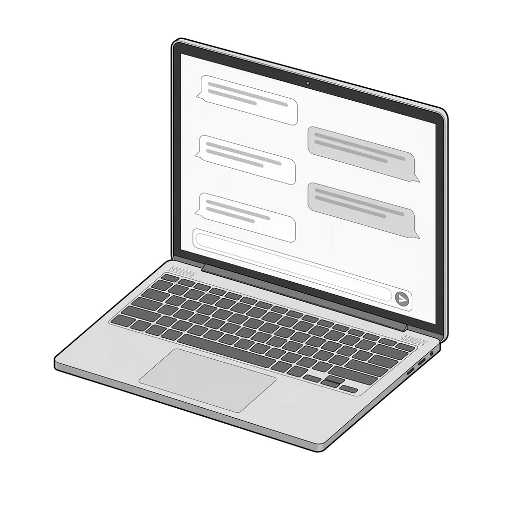 A laptop showing an AI chat, drawn as simple message bubbles.