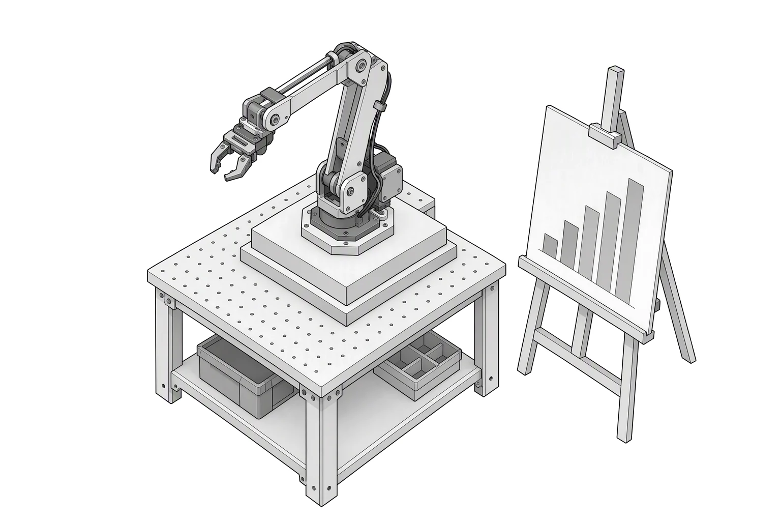 A prototype robot arm on a presentation stand at a workbench, beside an easel holding a pitch board.