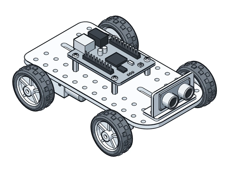 The robot car from the drawing above, assembled: four wheels, a circuit board on standoffs and a distance sensor at the front.