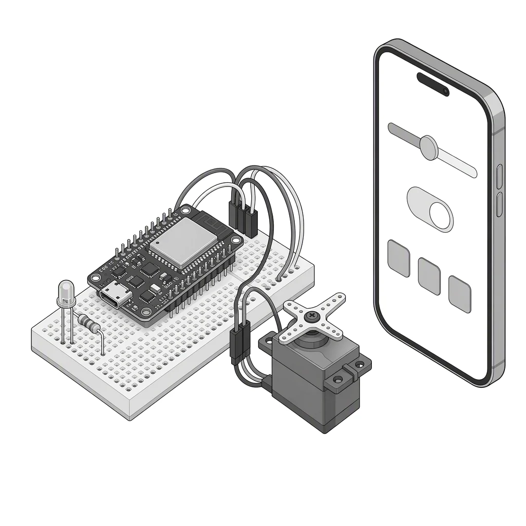 A microcontroller board on a breadboard wired to an LED and a small motor, beside a phone showing a slider, a switch and buttons.