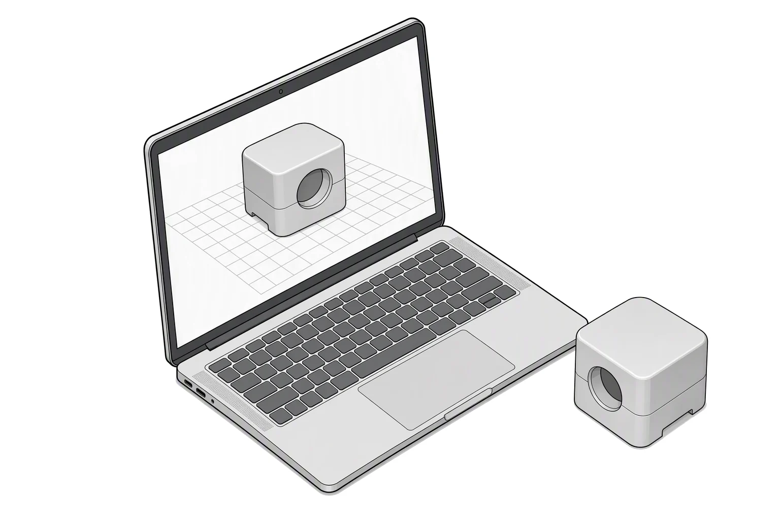 A laptop showing a simple 3D model of a small box on a grid, with the same box printed beside it.