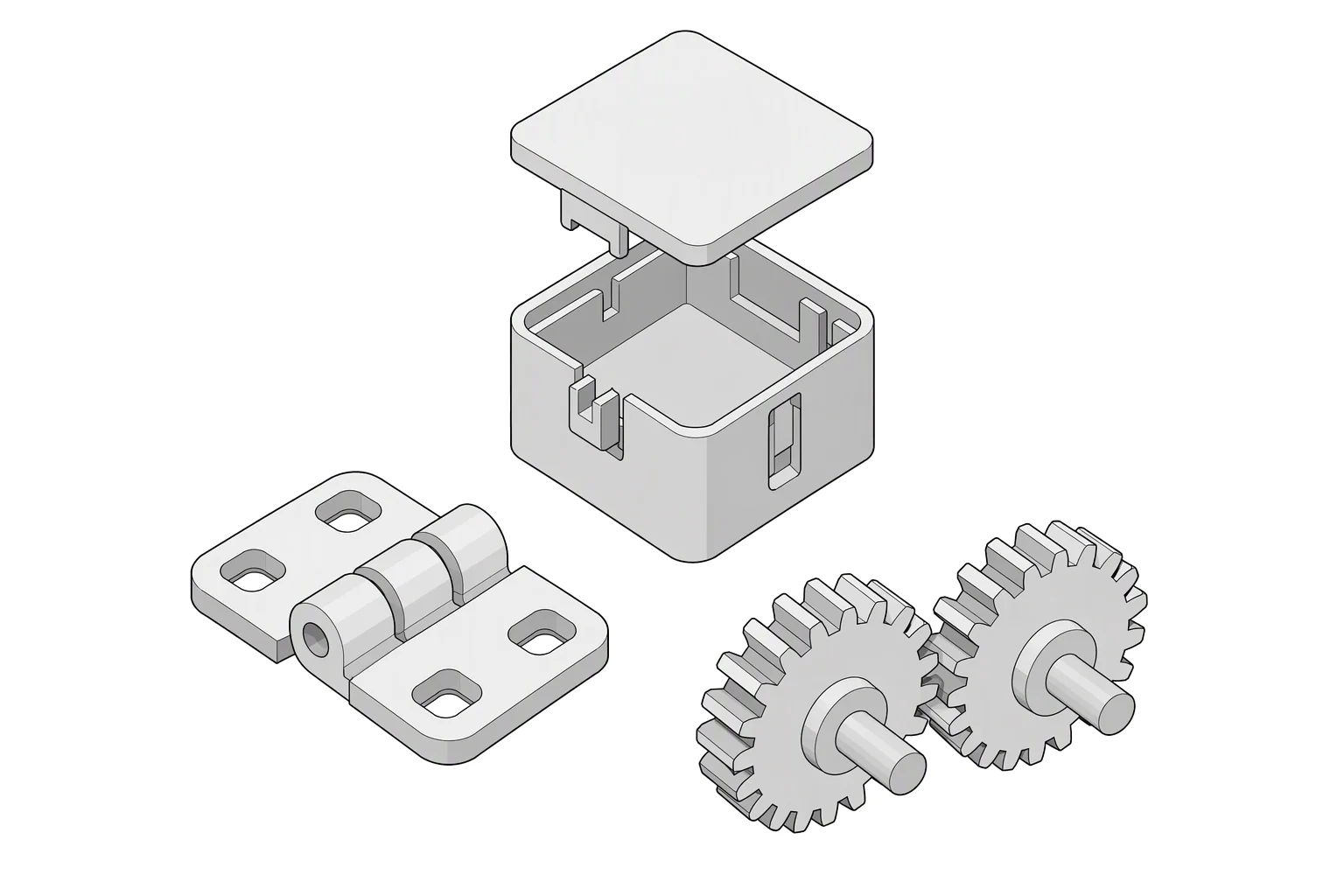Printed parts that move: a print-in-place hinge, two meshing gears on axles, and a snap-fit box with its lid.