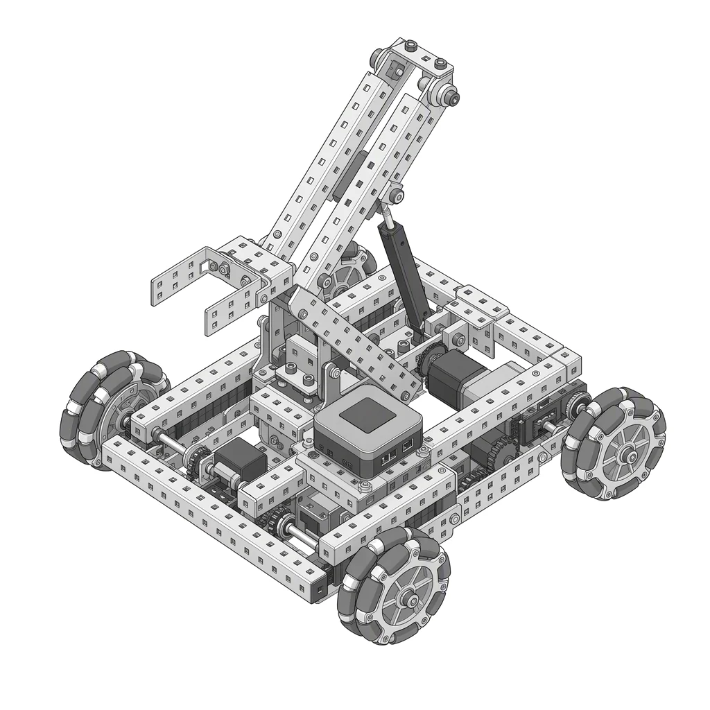 A metal competition robot with a perforated aluminium frame, four omni wheels and a lift arm.