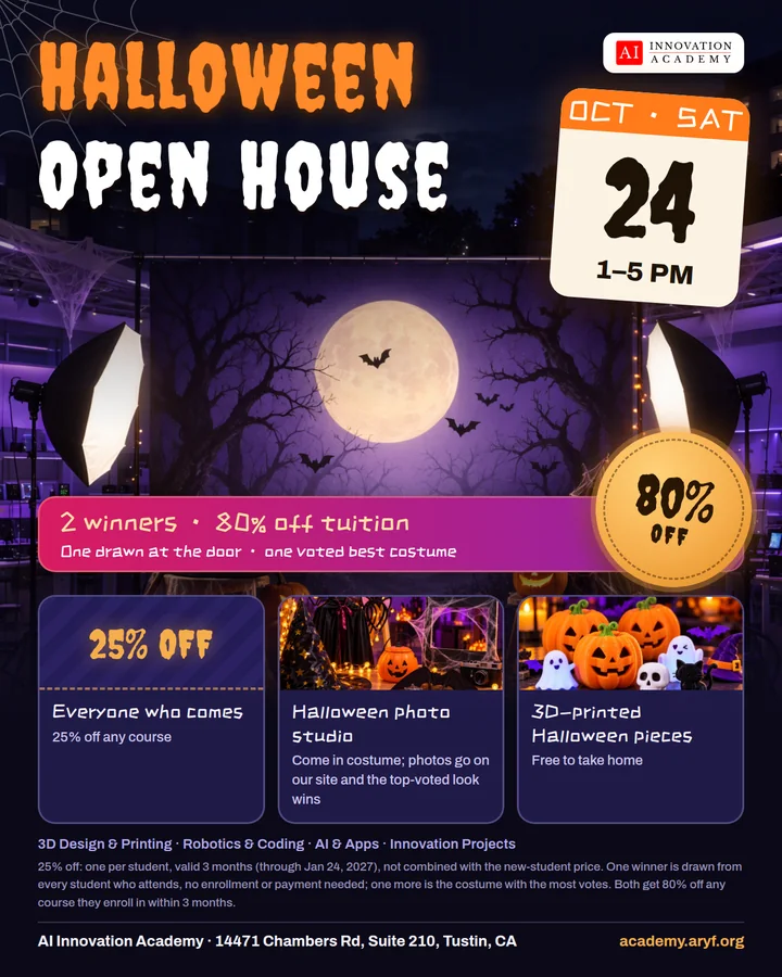 The Halloween Open House poster: Saturday, October 24, 1–5 PM, at 14471 Chambers Rd, Suite 210, Tustin.